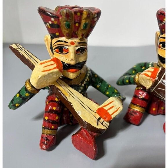 Vtg Colorful Hand Painted Wooden Rajasthani Musician‎ Figurines 3 Pc Indian - Picture 2 of 6